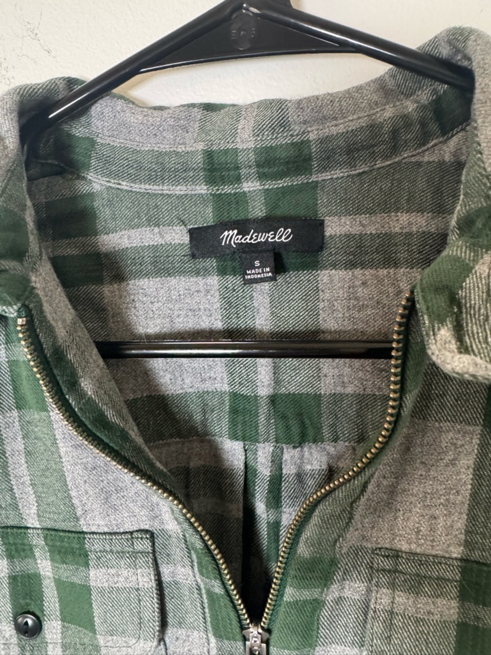 Madewell Plaid Flannel Shirt Women’s Small Green Gray Half Zip Pullover Cotton - Picture 3 of 6
